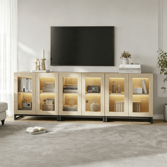 LED TV Stand for TVs up to 100 Inch, Modern Wood Entertainment Center for 80/85/90 inch TV Console Media Table with 10 Cubby Storages for Living Room Bedroom White