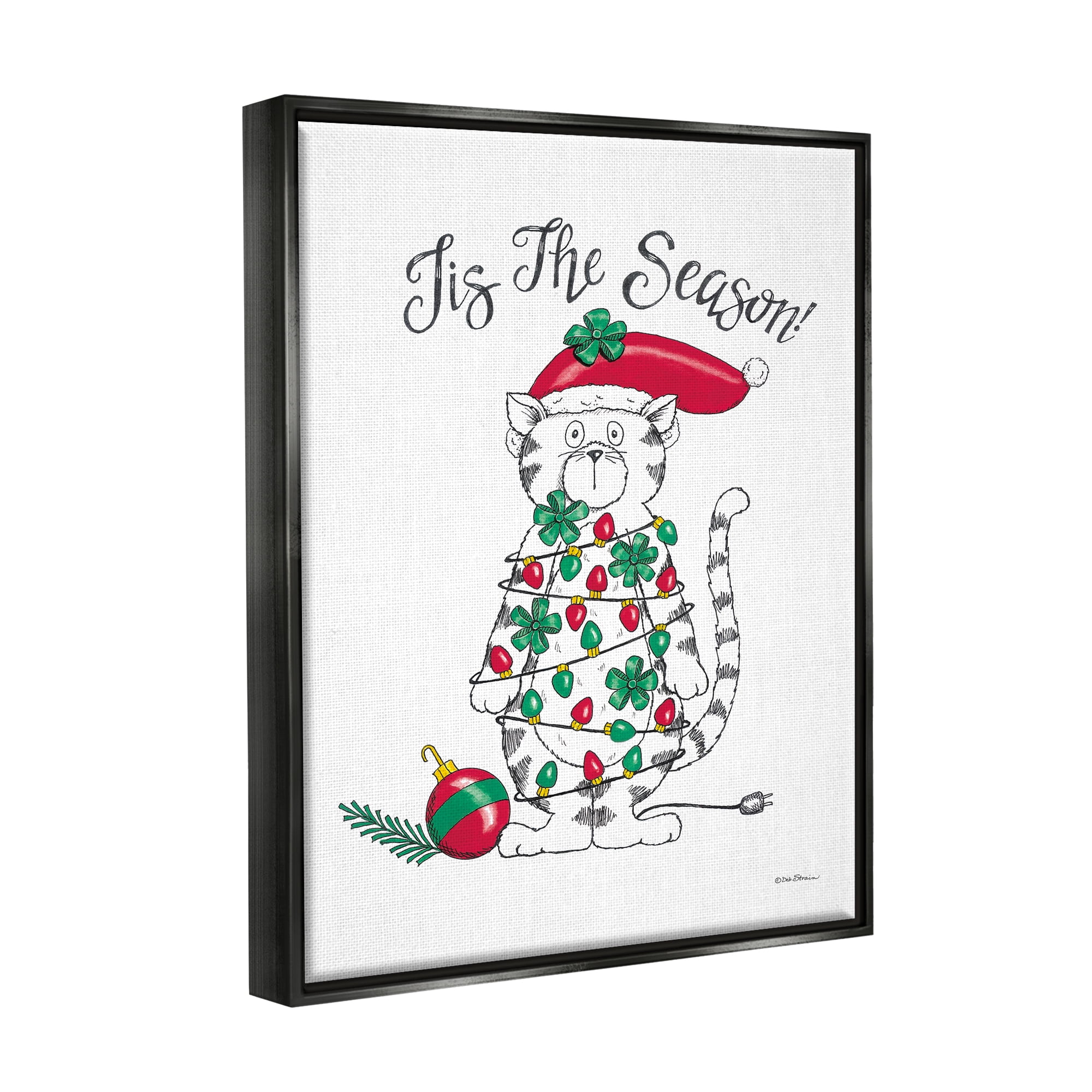 Stupell Industries Tis The Season Cat Holiday Painting Black Floater Framed Art Print Wall Art, 25 x 31