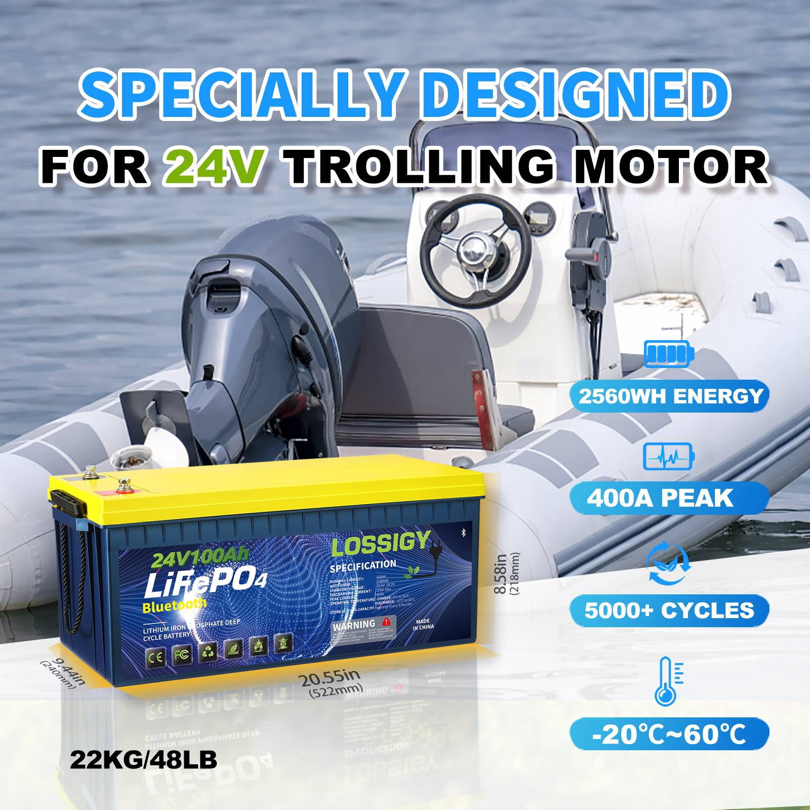 LOSSIGY 24V 100AH LiFePO4 Lithium RV Battery, Perfect for Solar System, Marine, 2560Wh 5000+ Deep Cycles, Built in BMS with 10 Yrs Lifespan