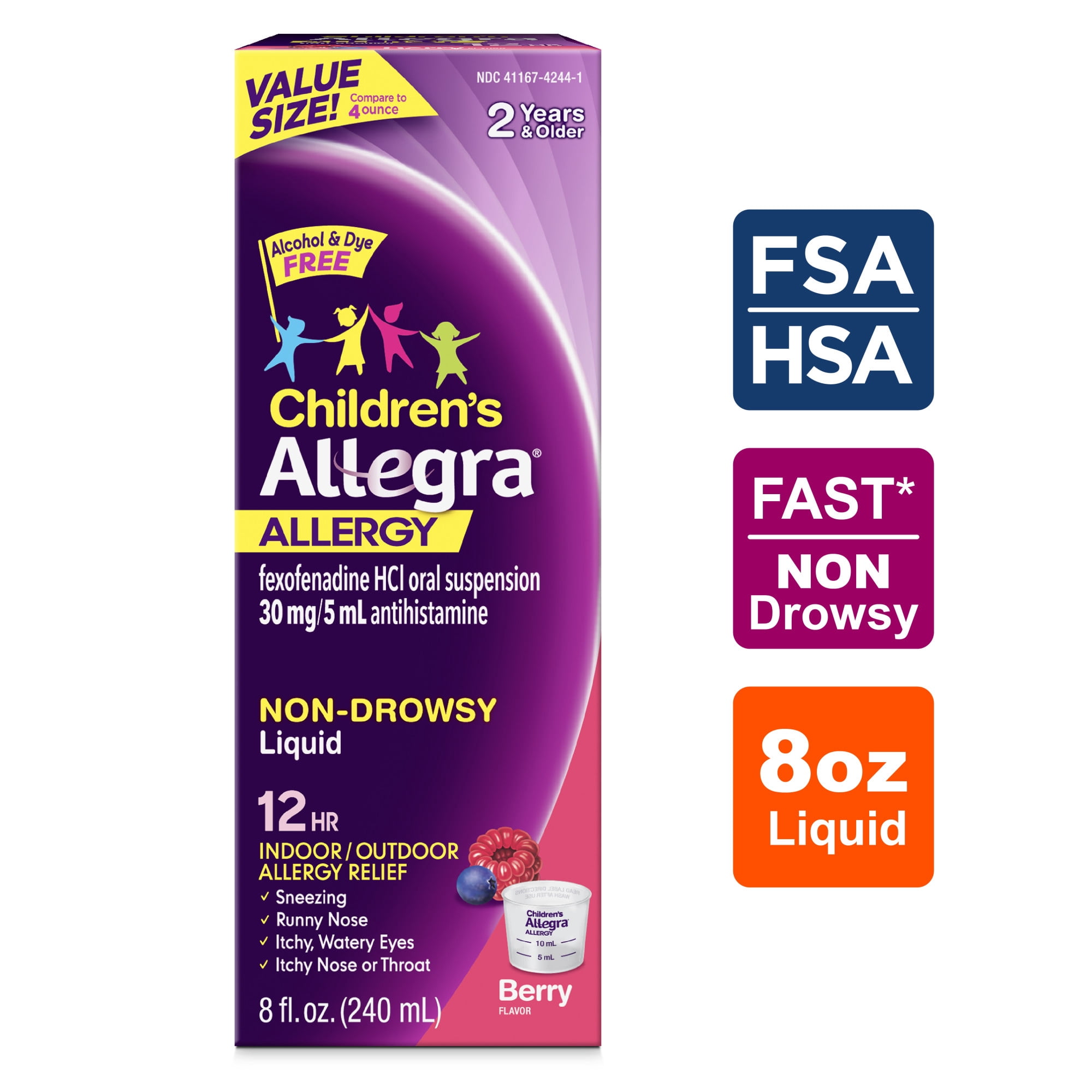 (4 pack) Allegra Children's 12-Hour Allergy Relief Liquid, Non-Drowsy Indoor and Outdoor Allergy Medicine, 30 mg Fexofenadine HCI Antihistamine For Kids, Berry Flavor, 8 oz.
