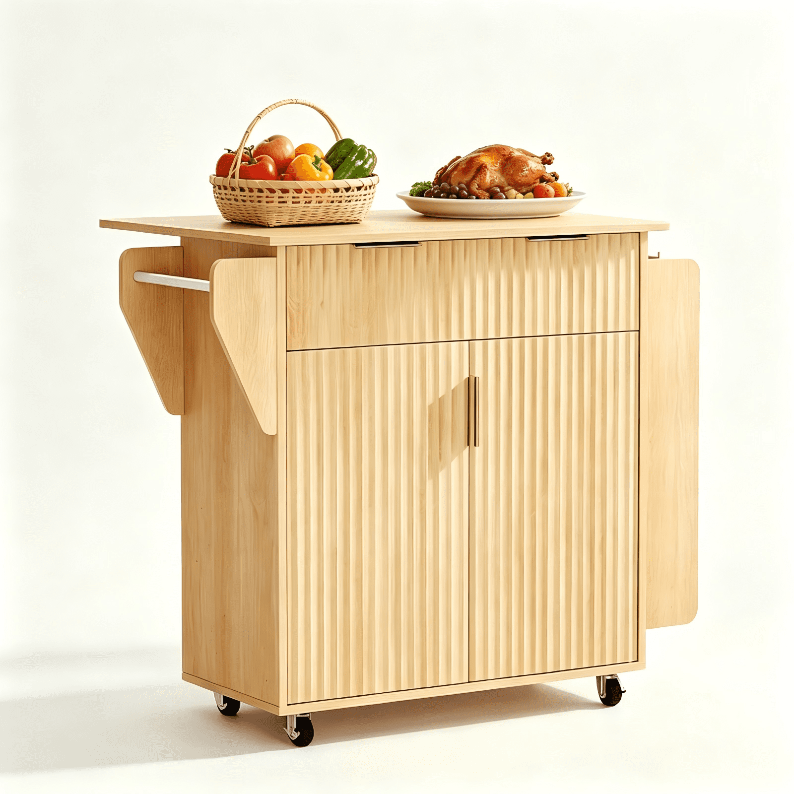 2-Door 1-Drawer Grille Food Cart Gold-Plated Aluminum Alloy Door Handles Vacuum-Formed Door Panels Rubberwood Countertop MDF Sideboard, 31.5*26.69*35.04in Oak