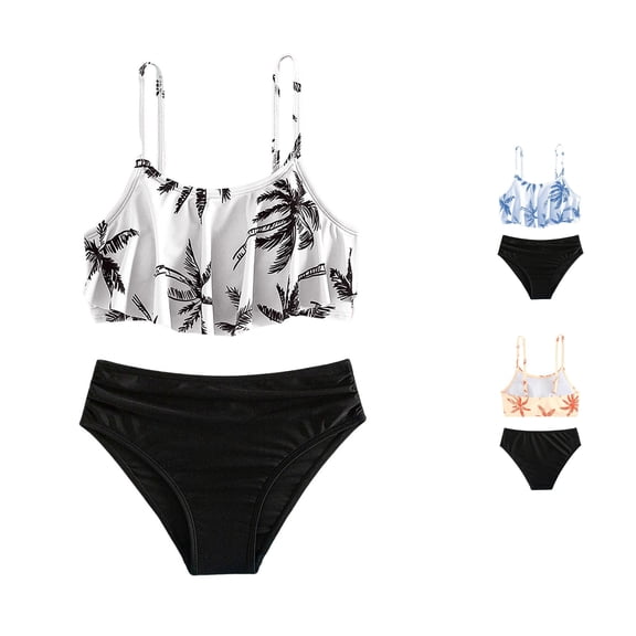 XAOFW Kids Girls Swimsuit 2 Piece Swimwear Sets Sport Tropical Prints High Waist Bikini Set Summer Swimwear Girls Bathing Suit Lightweight Beachwear 9-10 Years