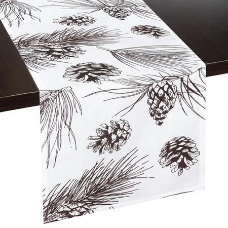

Woodland Pinecone Table Runner Rustic Winter Decor Dark Brown on White 12 x 72 Polyester Linen