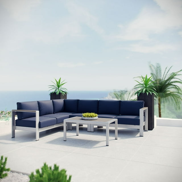 Modway Shore 5 Piece Outdoor Patio Aluminum Sectional Sofa Set in Silver Navy