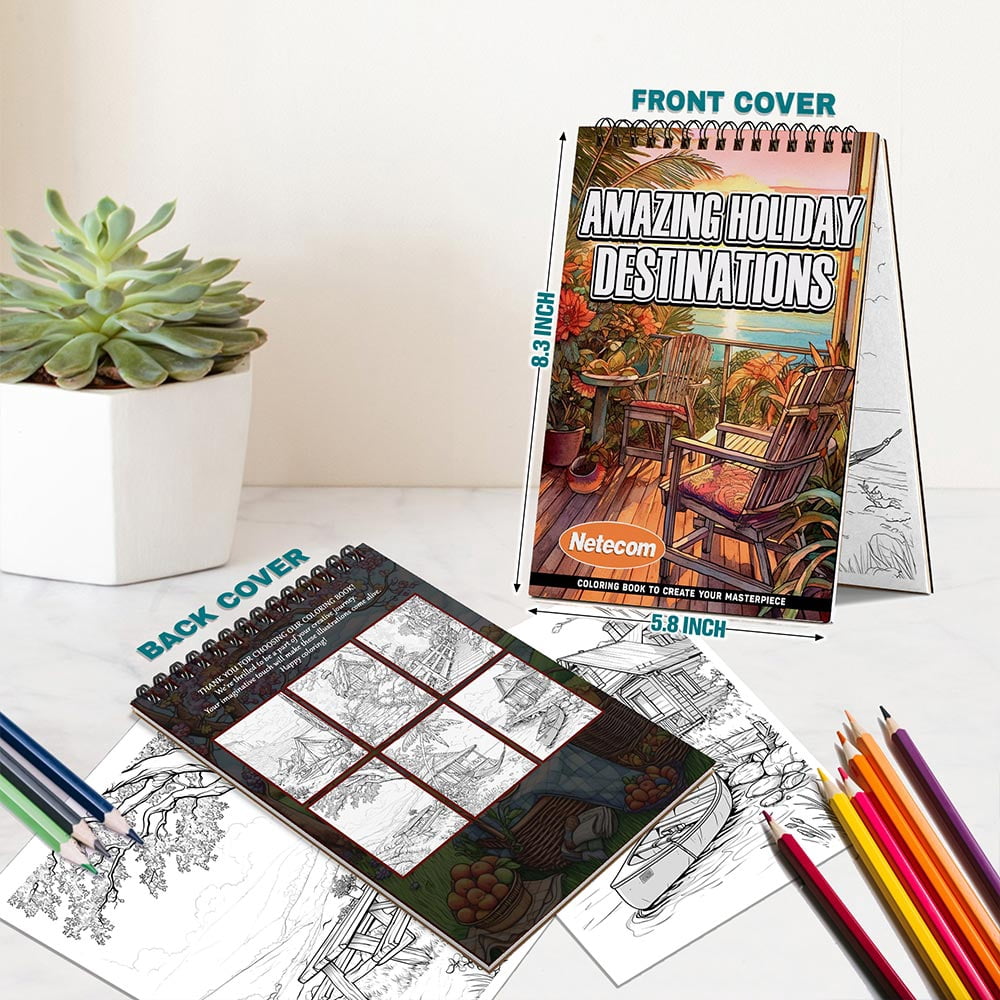 Netecom Amazing Holiday Destinations Coloring Book Spiral Bound for Adults, A5 Wooden Cover, 30 Peaceful Coloring Pages of Natural Landscapes for Stress Relief and Relaxation