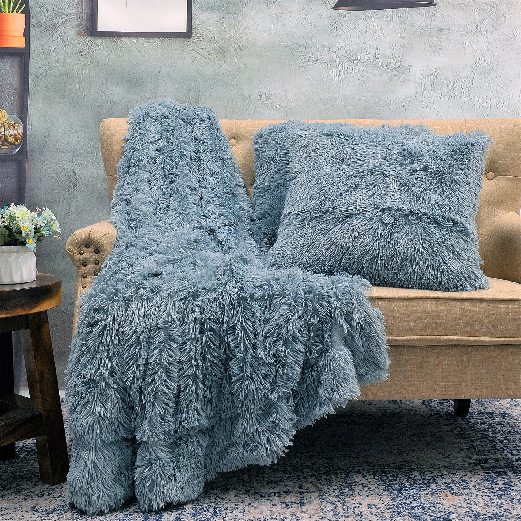 Home Soft Things Shaggy Throw & Pillow Cover 3 Piece Combo - Silver Blue - 50" x 60"/20" x 20"