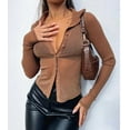thumbnail image 6 of Women Long Sleeve Crop Top Turn-Down Collar Long Sleeve Tops See-Through Blouse Y2k Streetwear, 6 of 7