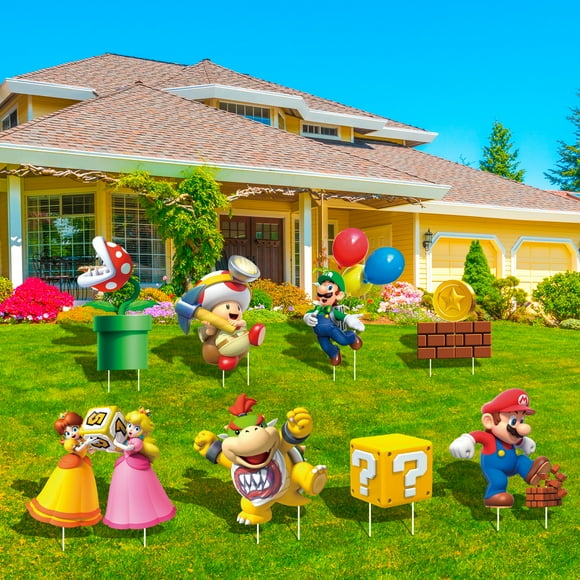 Mario Décorations d'Anniversaire, Enseigne de Cour 8 Pcs avec Piquets pour Garçons/filles, Fournitures de Décorations de Fête Mario pour l'Extérieur