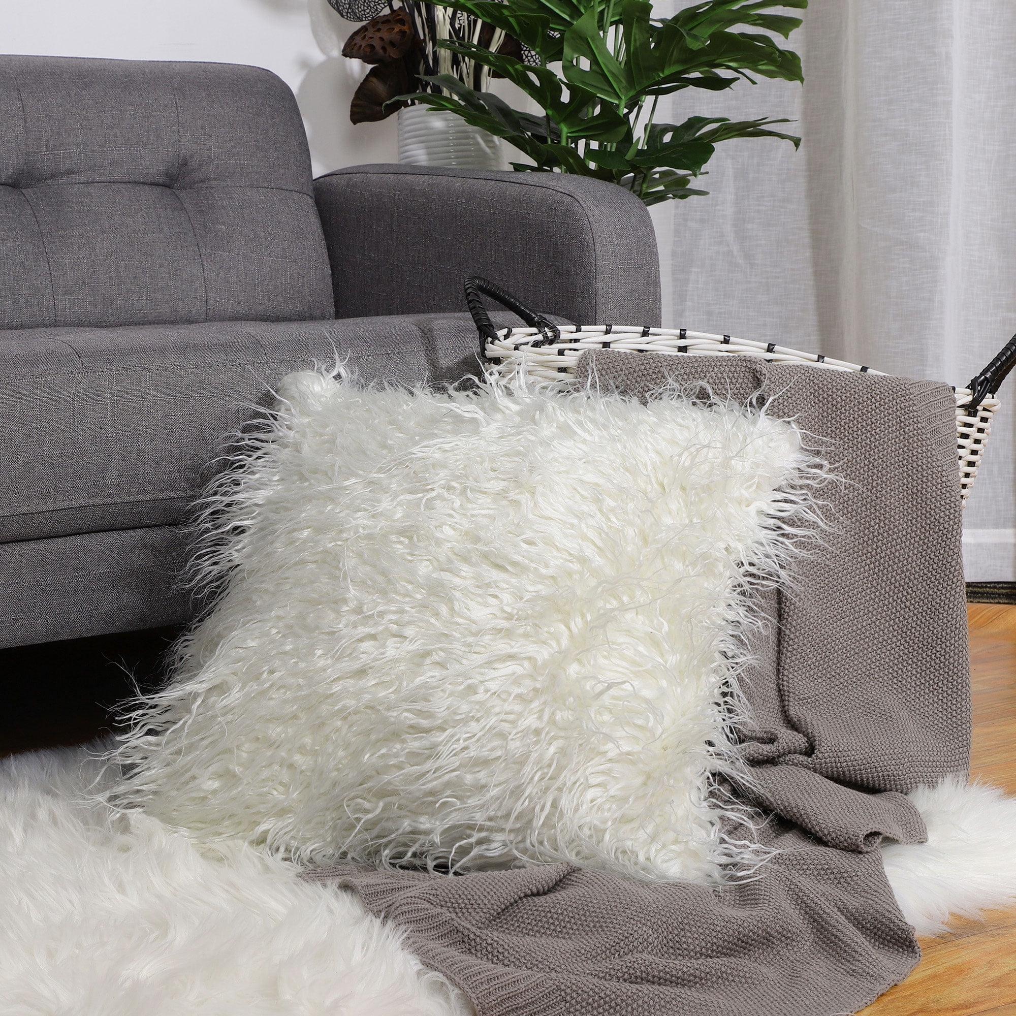 Unique Bargains Shaggy Faux Fur Square Throw Pillow Case 18"x18" Pearl