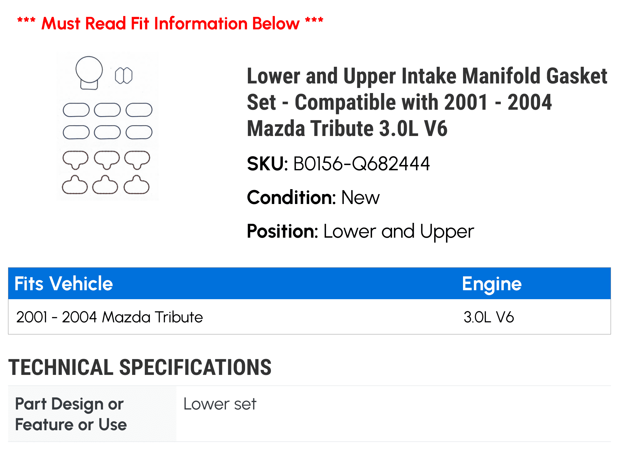 Lower and Upper Intake Manifold Gasket Set - Compatible with 2001 - 2004 Mazda Tribute 3.0L V6 2002 2003