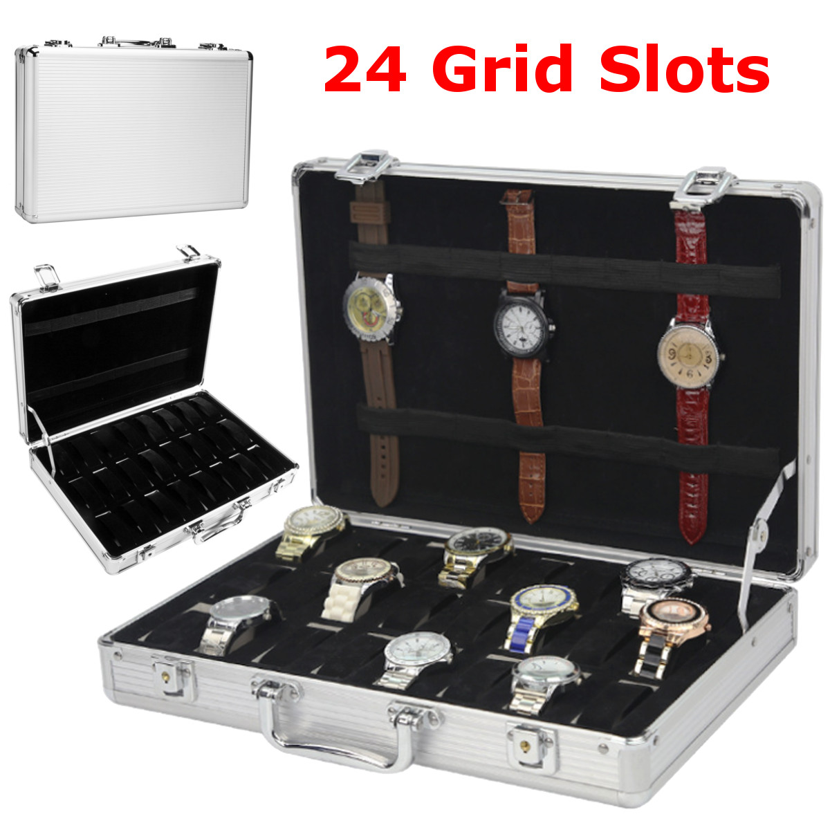 24 Grid Aluminium Wrist Watch Display Case, Mens Watch Box, Jewelry
