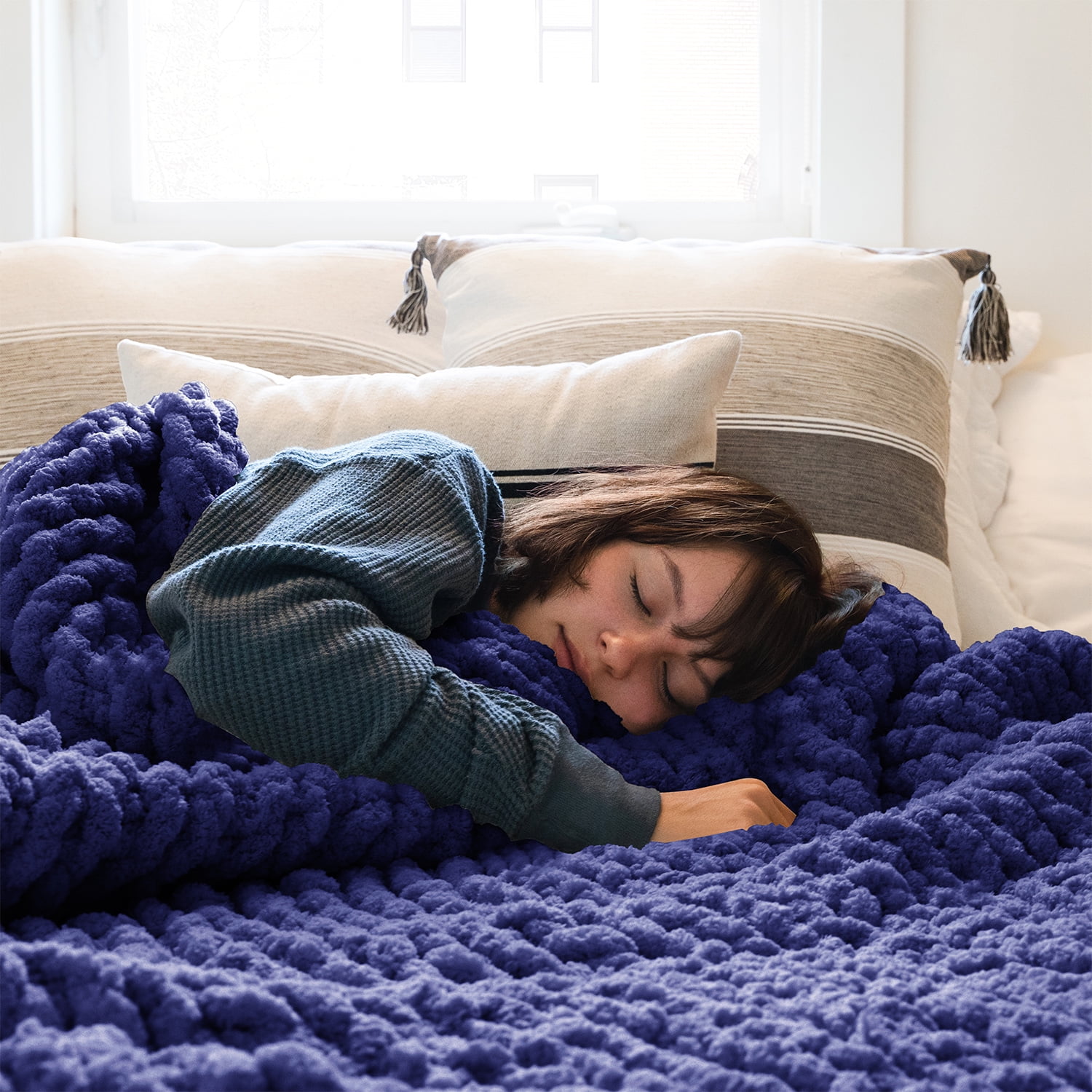 Comtest Chunky Knit Blanket Throw Blanket, 47 "x 59", Navy