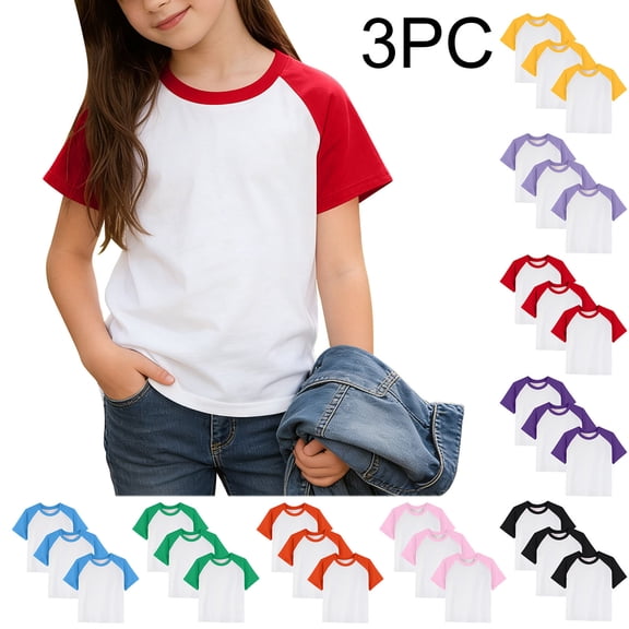 GERsome 3 Pack Boys Girls T-Shirts Raglan Short Sleeve Color Block Cotton Soft Crewneck Tee Shirts