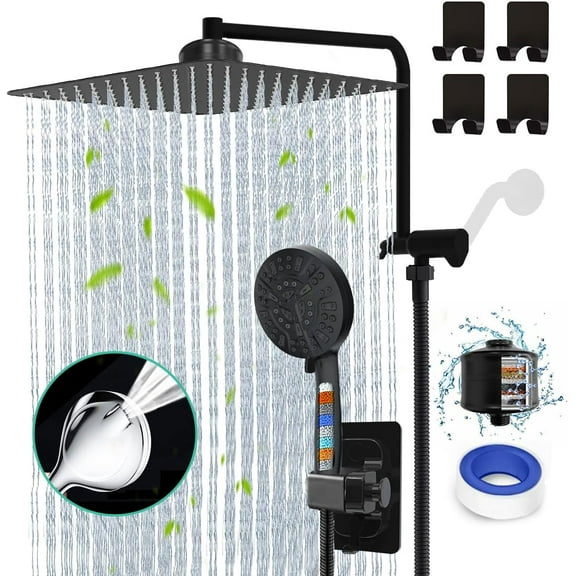 12" Rain Shower Head with Handheld Dual Filtered Showerhead for Hard Water Matte Black Rainfall Shower Head with 10 Setting Handheld Built-in 2 Power Wash  12" Shower Extension Arm,79" Hose & 4 Hooks