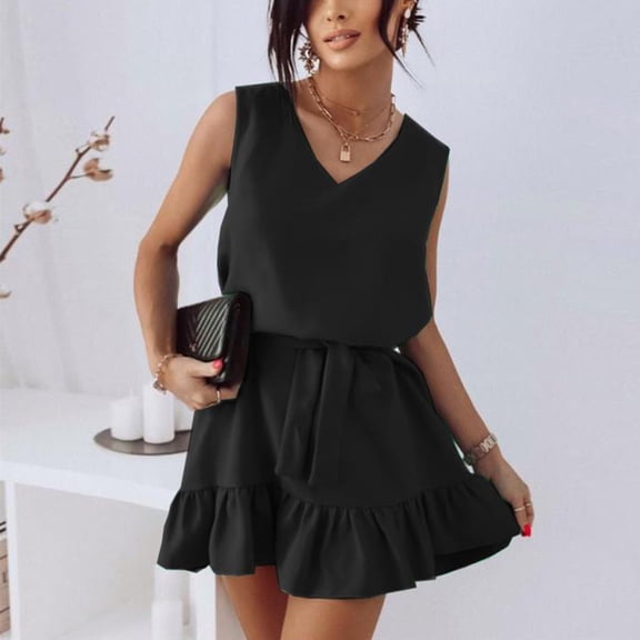 ClodeEU Women's Sleeveless V Neck Solid Color Dress ,Casual Summer Tiered Mini Dress With Belt Black,Womens Plus XL