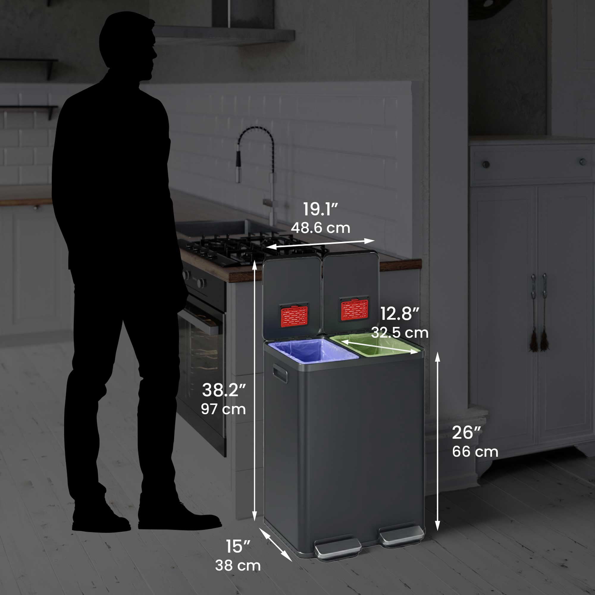 iTouchless 16 Gallon Kitchen Dual Trash & Recycling Bin with AbsorbX Odor Filters Matte Gray