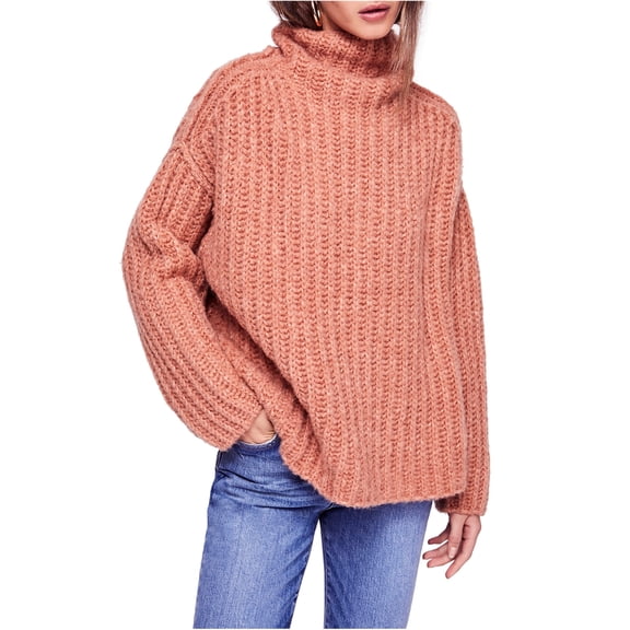 Free People Womens Fluffy Turtleneck Pullover Sweater, Beige, Medium