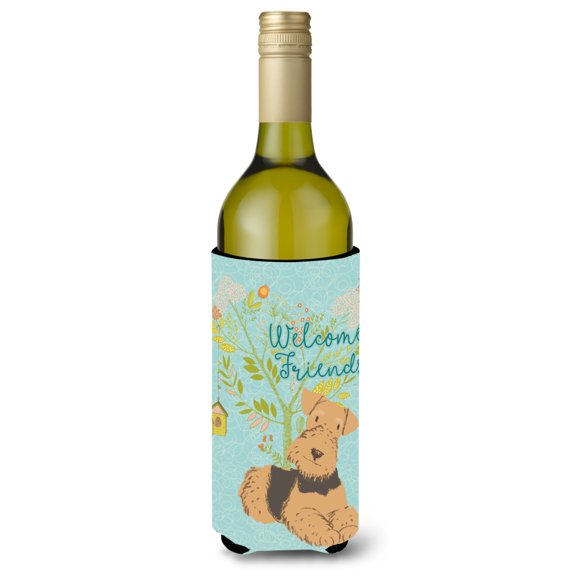 Carolines Treasures BB7625LITERK Welcome Friends Airedale Terrier Wine Bottle Beverge Insulator Hugger Wine Bottle