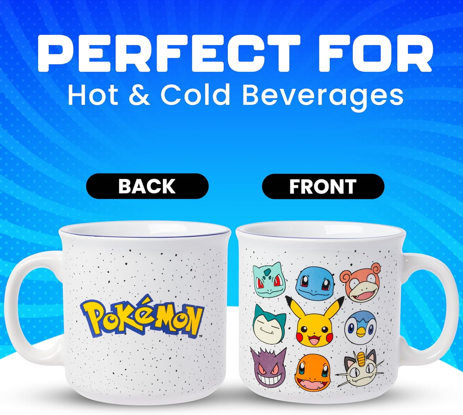 Silver Buffalo Pokemon Bulbasaur, Squirtle, Slowpoke, Snorlax, Pikachu, Piplup, Haunter, Charmander, and Meowth Camper Mug, 20 Ounces