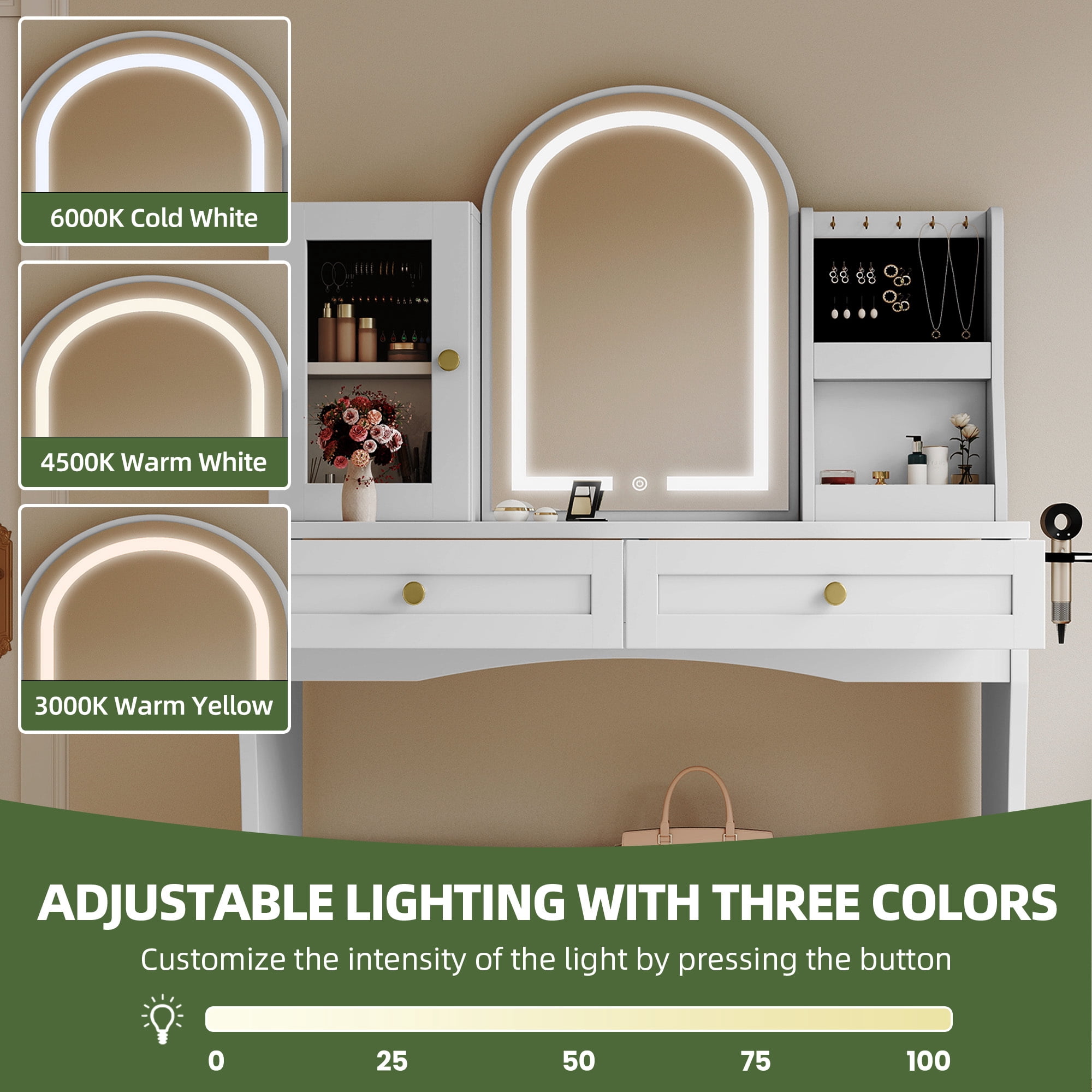 Uforic Makeup Vanity Desk with LED Mirror & Light, 2 Drawers, Jewelry Shelves, White