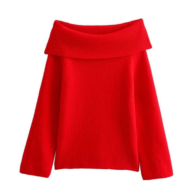 Sultry Off Shoulder Turtleneck Sweater: Winter'S Flirty Pure Color Knitwear Plus Size Tops Red L