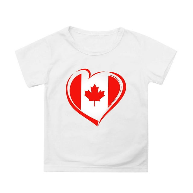 NINGMENG Hauts et T-Shirts pour Filles Enfants Imprimé Canada Col Rond Manches Courtes Coupe Décontractée Basique Chandail Tee-Shirts Mode Urbaine, Blanc, 6-7 Ans
