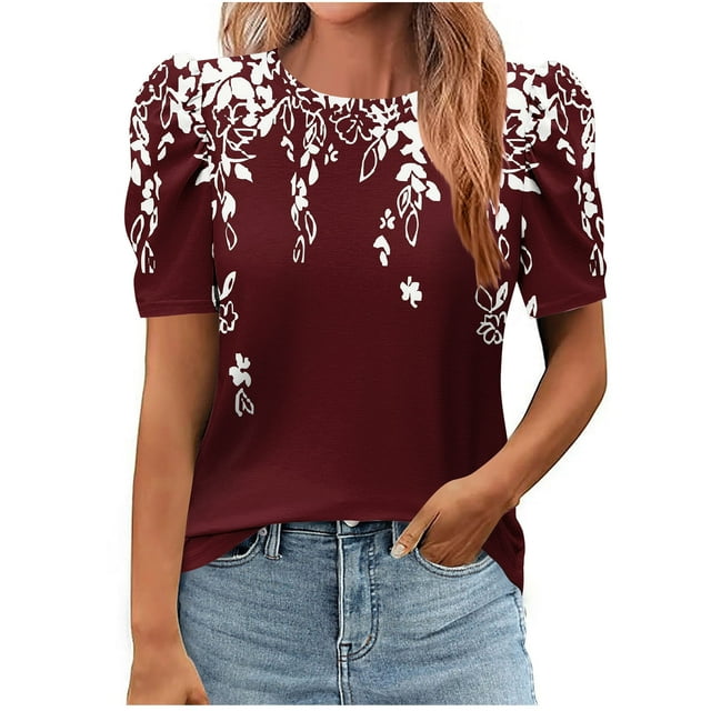 Pisexur Hauts pour Femmes, Hauts de Sortie pour Femmes & T-Shirt à Manches Courtes Col Rond Imprimé, Haut Ample, Hauts de Printemps pour Femmes Vin, 2TG