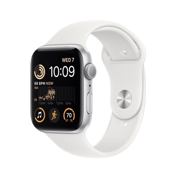 Apple Watch Series SE Aluminum Case White Sport Band, 10 Hour Battery Life, Silver/44MM, 1