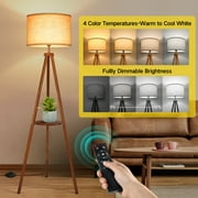 OUTON 63 Wood Tripod Floor Lamp with Shelves, Dimmable Standing Lamps with Remote Control, Modern Shelf Floor Lamp for Living Room, Bedroom, Office, LED Bulbs Included