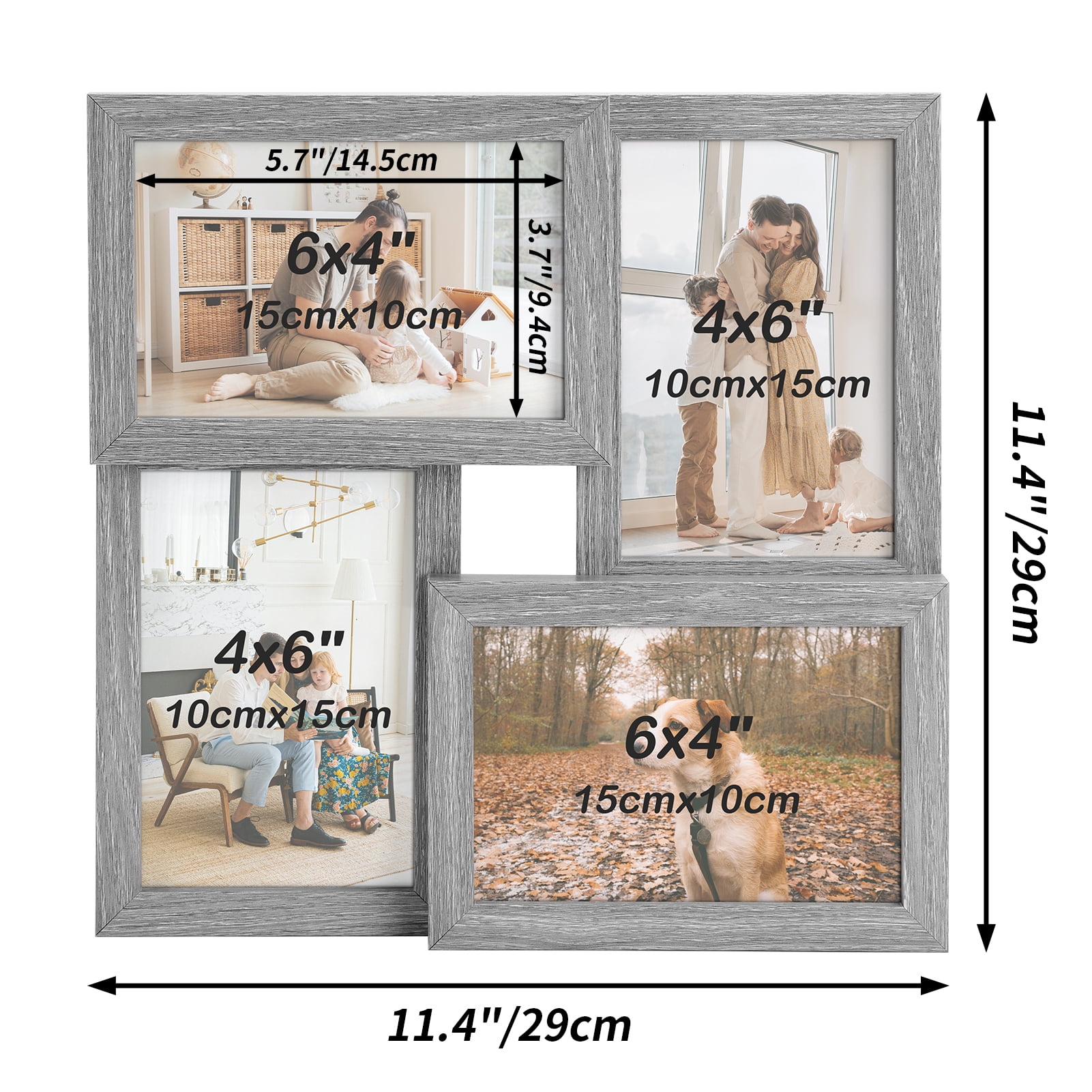 4 Pack 4x6 Collage Picture Frames, Family Photo Frame for Wall Hanging Decor, Gray(11.4" x 11.4" x 0.59")