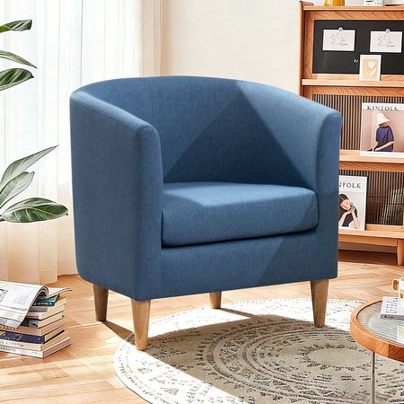 Modern Barrel Accent Chair Upholstered Fabric Armchair with Thick Cushion and Wood Legs Cozy Reading Chair for Living Room Bedroom Small Spaces (1PC Blue)