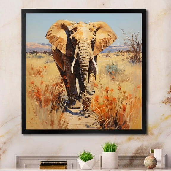Designart "Grey Elephant on African Horizon" Animals Framed Wall Art Decor - Modern Yellow Elephant Entryway Framed Wall Art