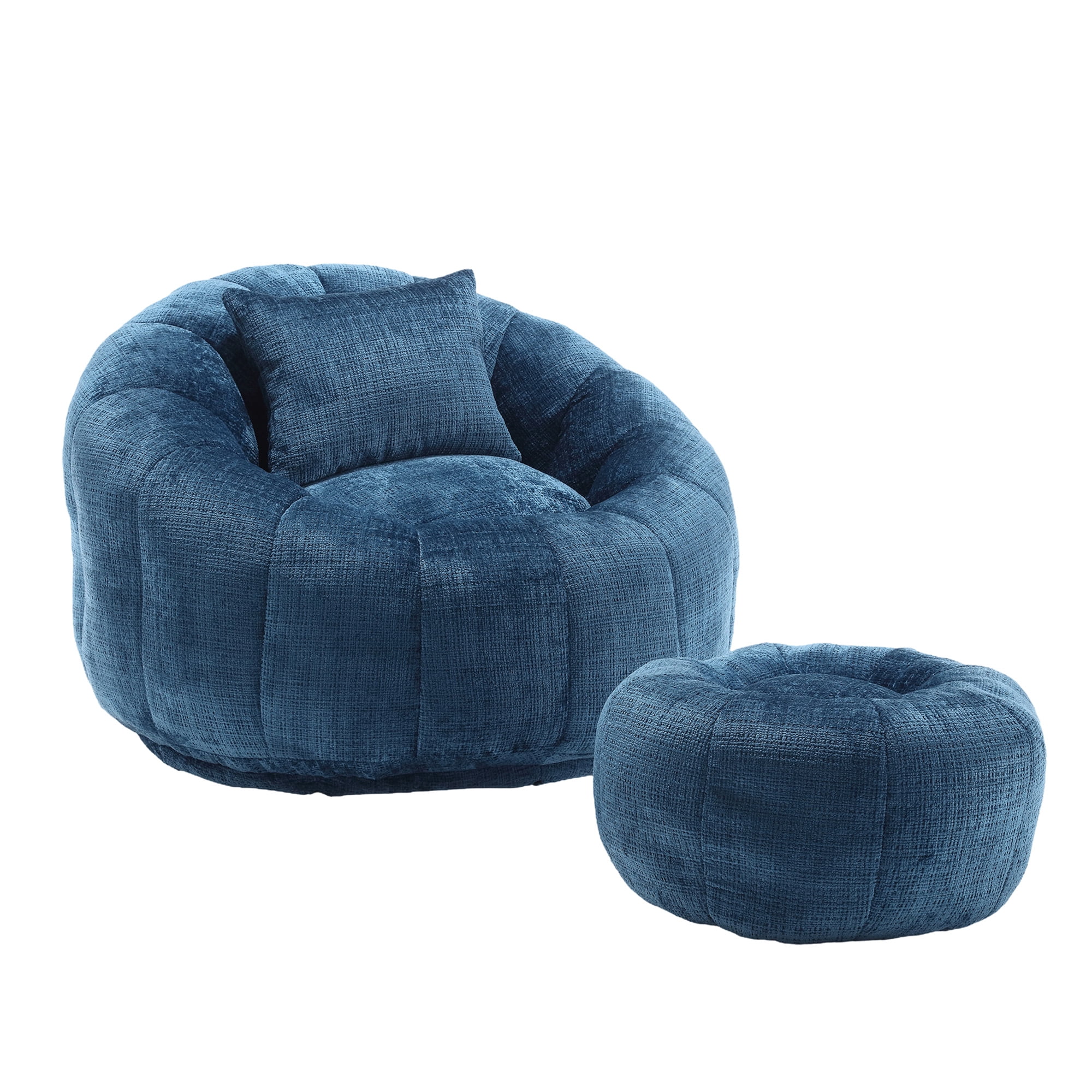 MOONMISS Chenille Upholstered Round Lazy Cozy Bean Bag Chair with Ottoman-NAVY
