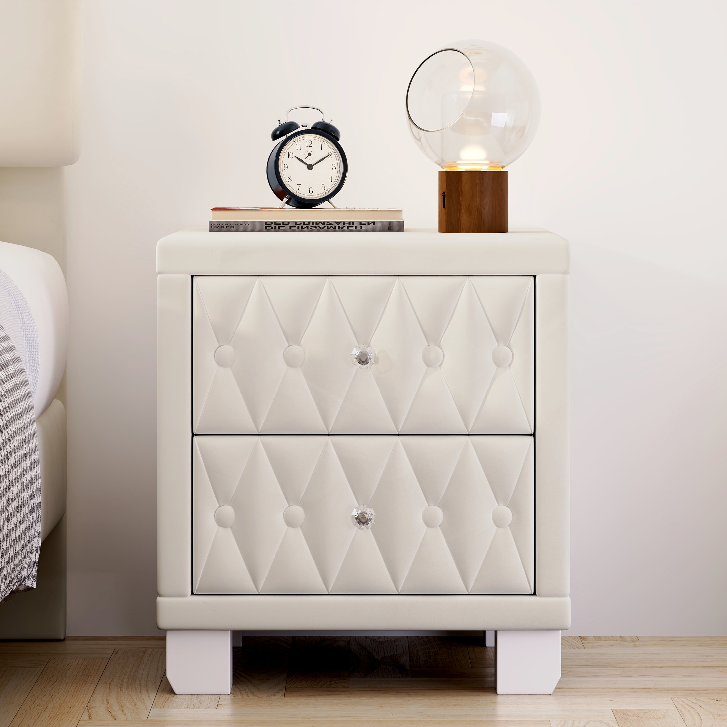Euroco Velvet Nightstand with 2 Storage Drawers and Crystal Handle,Bedside Table End Table with Button-Tufted for Bedroom Living Room,Beige