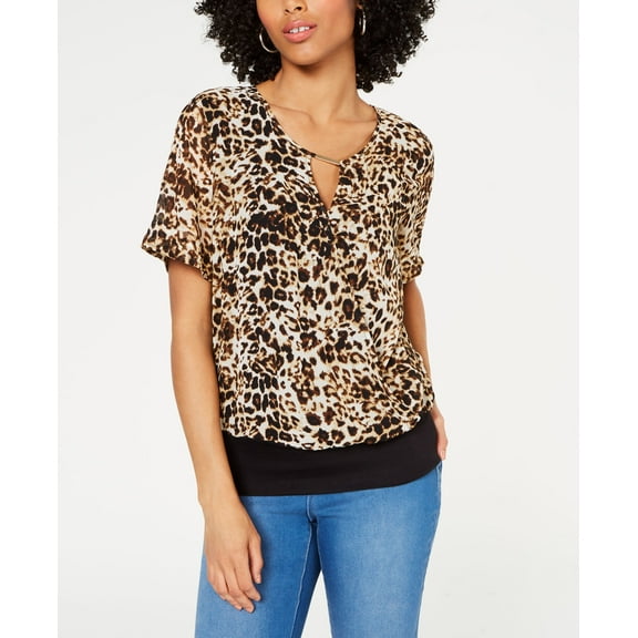 Thalia Sodi Animal Print Mixed Materials Top Leopard XS