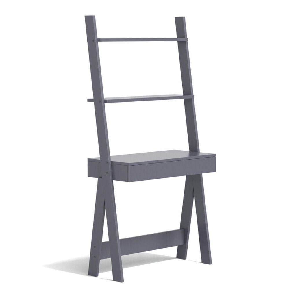 Demi Bonn 3-Tier Ladder Bookshelf, Desk Bookcase with Countertop Drawer and 2 Shelves, Gray