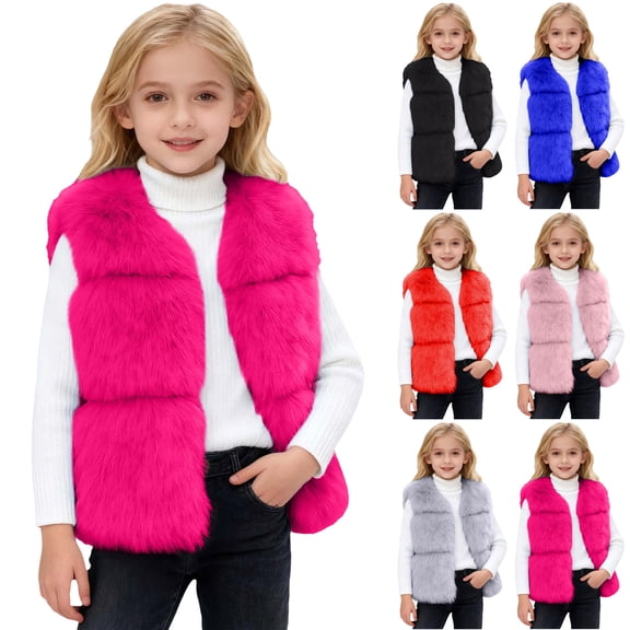 Pandaie 18M-14Y Toddler Girls Faux Furry Vest Coat Fuzzy Fleece Sleeveless Thick Jacket Plush Thick Warm Outwear Winter Clothes Black 3-4 Years