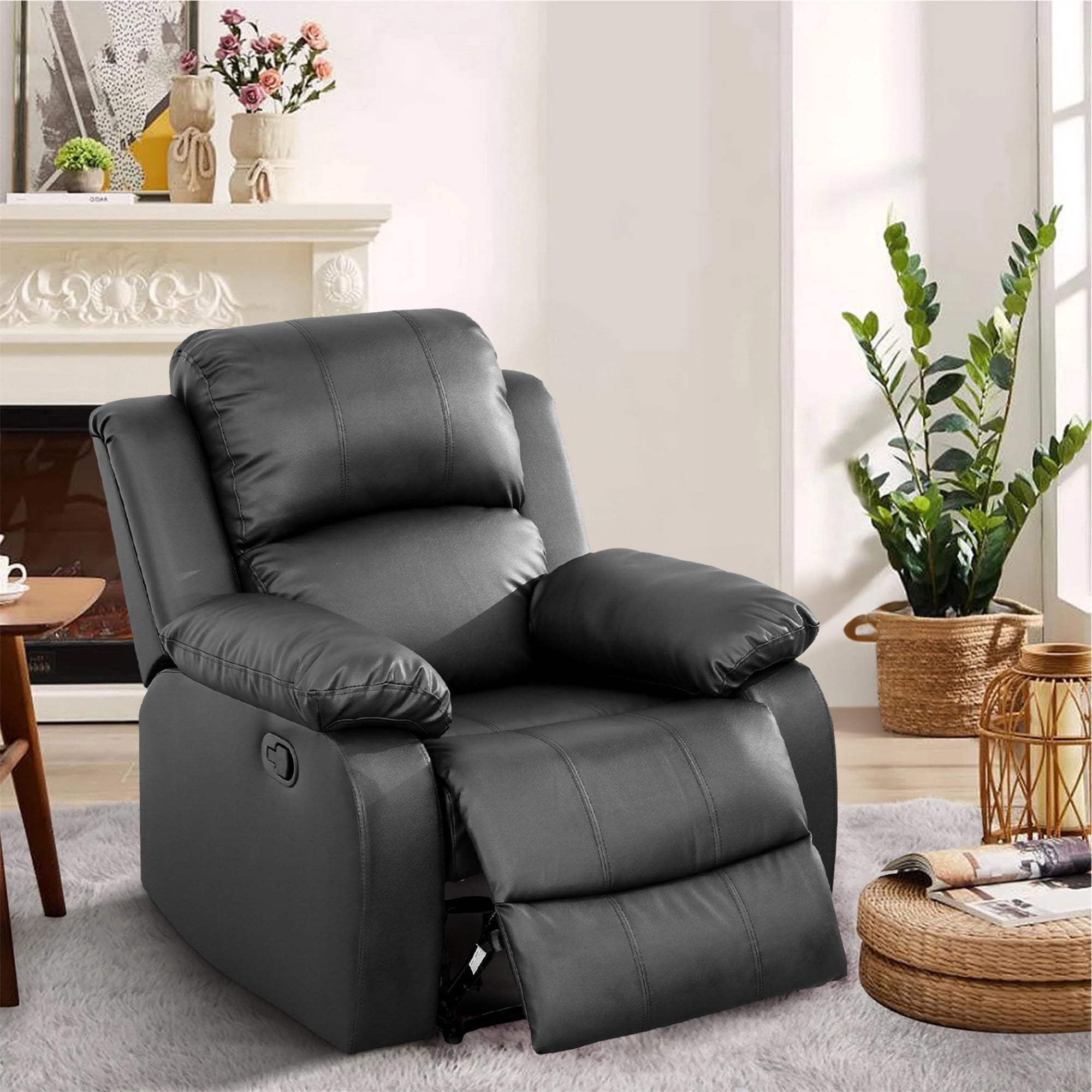 Aukfa Faux Leather Manual Recliner Chair Single Sofa Armchair for Living Room, Bedroom, Black