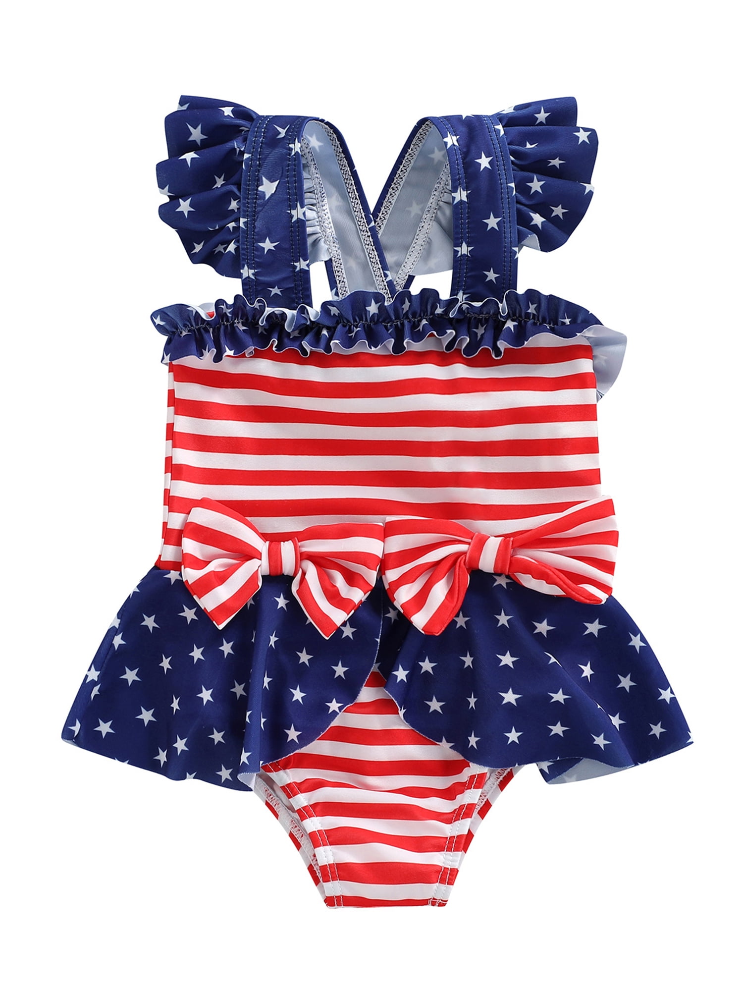 4th of July Infant Baby Girl Swimsuit Ruffle Stars Strap Top and Bikinis Skirt with Headband 3 Piece Swimwear 