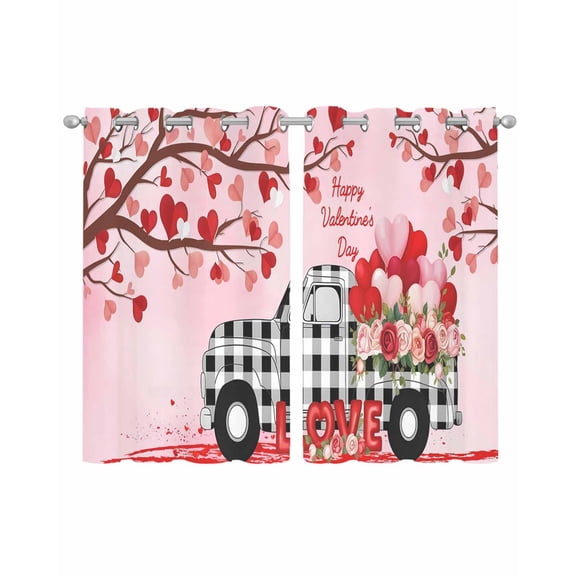Valentine's Day Sheer Curtains 39 Inch Length 2 Panels Set for Living Room/Bedroom, Ombre Pink Love Tree Truck Roses Plaid Kitchen Curtains Grommet Semi-Sheer Curtains Window Treatments 27.5"x39"x2