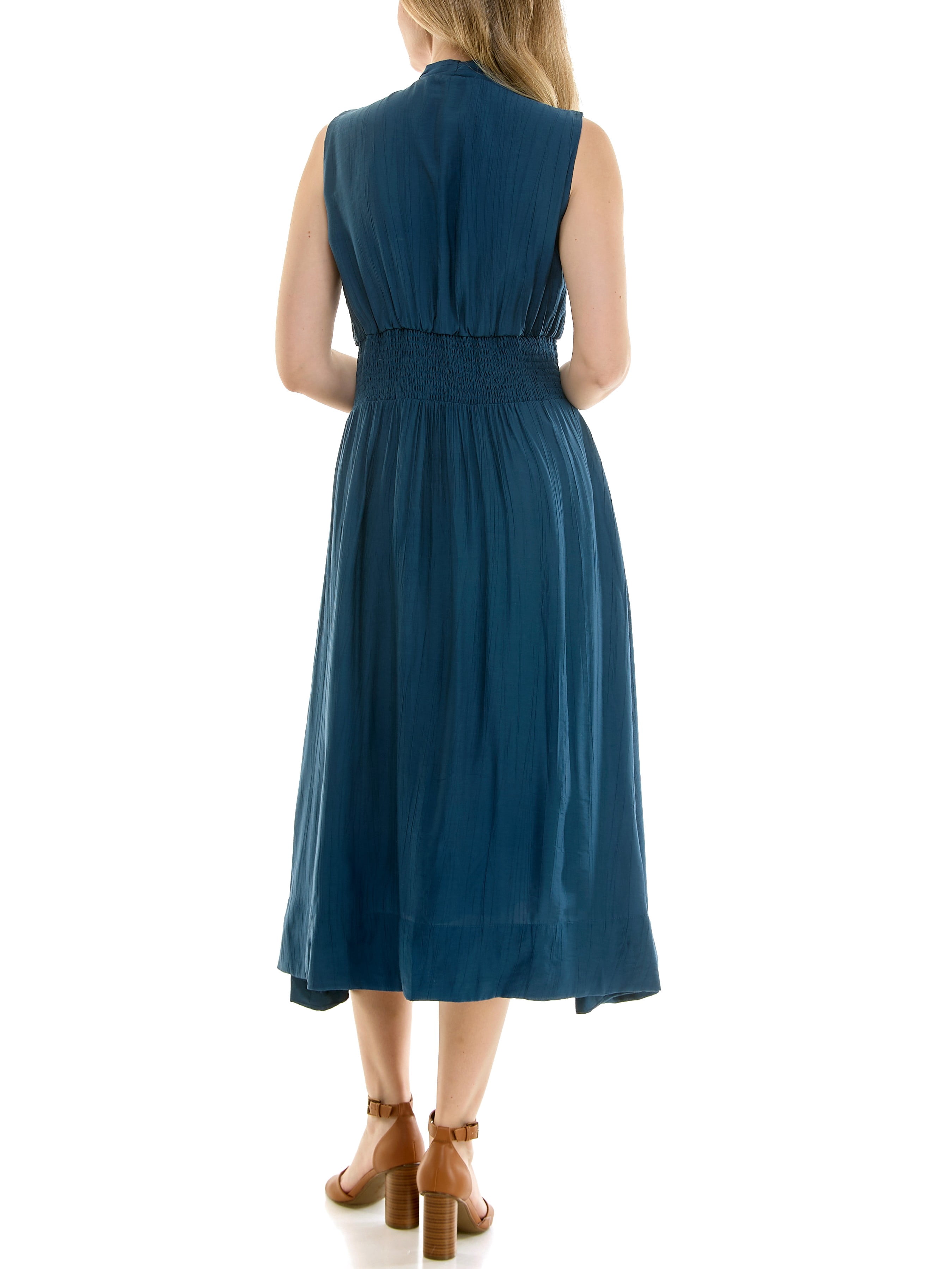 Sleeveless, V-Neck, smocked empire waist, zip front, fit & flare, midi dress in soft crinkle fabric,S-XL