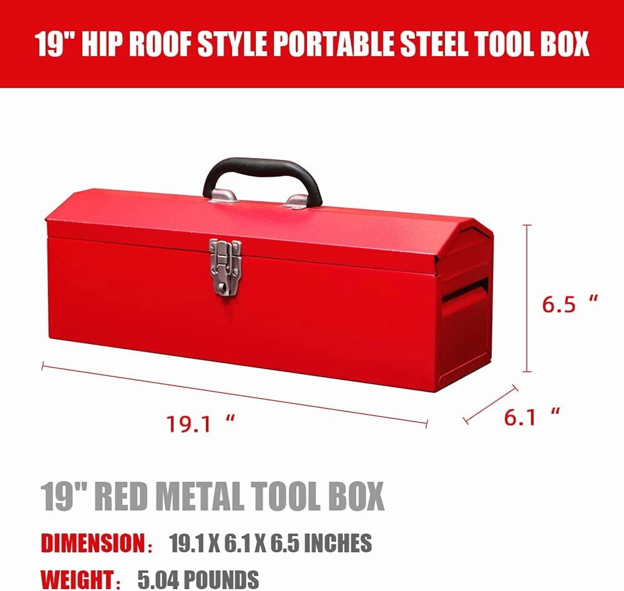 HPDMC Metal Tool Box Set of 2 - 19" Heavy Duty Steel Toolbox with Metal Latch - Portable Hip Roof Style Mechanic Tool Boxes for Car, Truck, Tractor & Home - Red