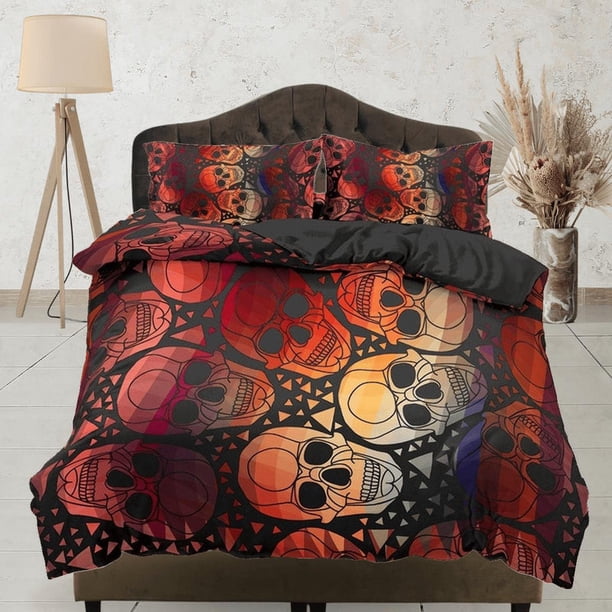 Ropa de cama de Halloween Colorido Cráneos Funda Nórdica Set Colcha, Dormitorio Ropa de cama con