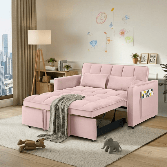 Howcool 55" 3 in 1 Convertible Sleeper Sofa Bed, Pull Out Loveseat Couch with Storage Pocket,Pink