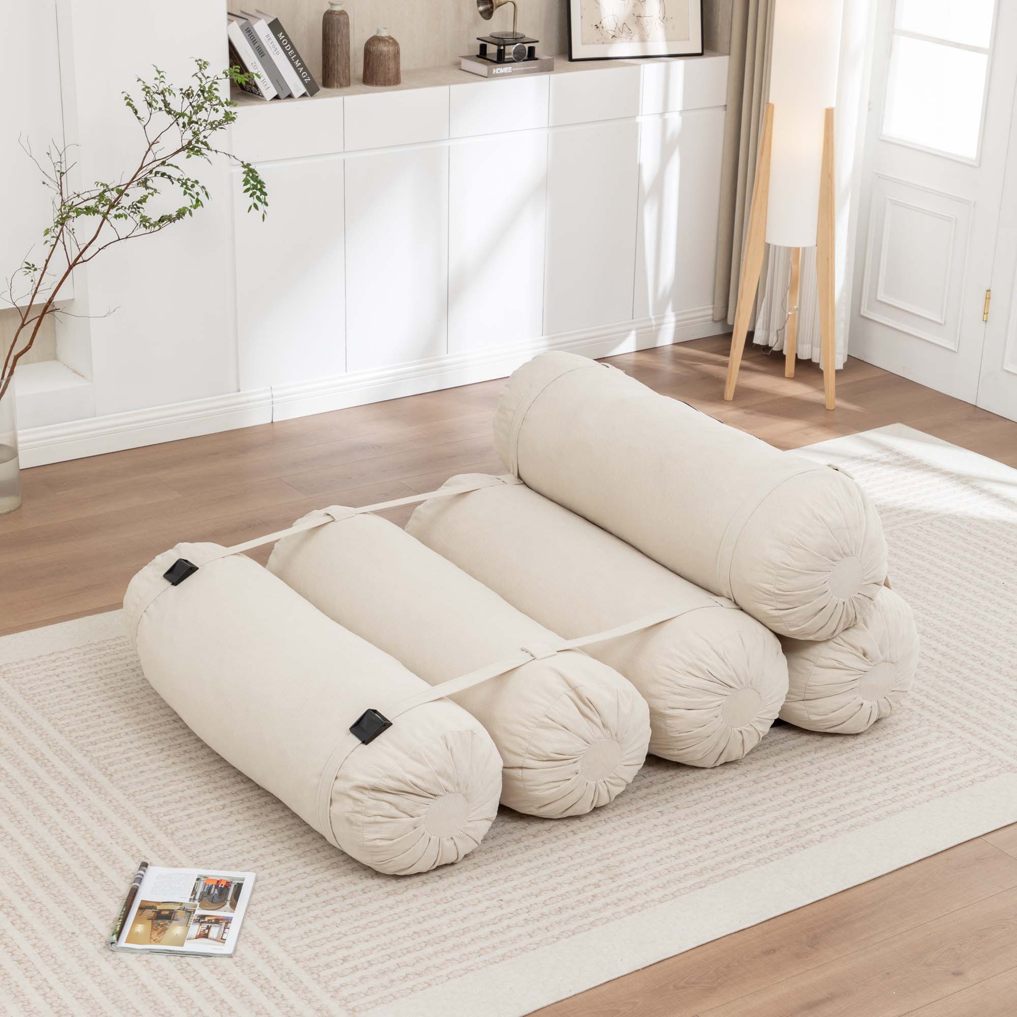 Miniyam 76" x 50" Beige Floor Sofa with Adjustable Straps Bean Bag Lounger for Living Room, Bedroom