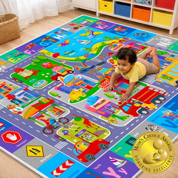 QUOKKA Floor Large Nursery Rug for Babies - Foldable Padded Non-Slip Rug with City for Kids Toddlers & Infants