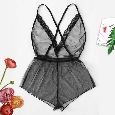

DENGDENG Women Sexy Sheer Mesh Bodysuit Lingerie Plus Size See Through One Piece Babydoll