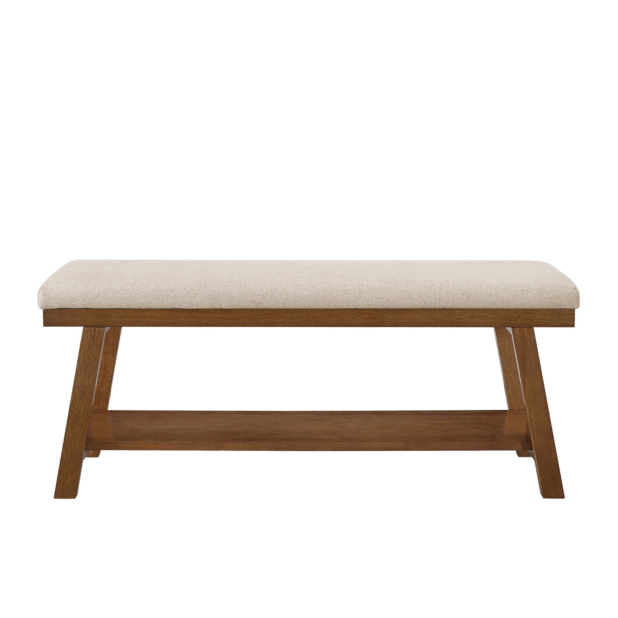 Leumius Upholstered Bench with Storage Shelf,Modern Linen Fabric with Cushioned Seat for Bedroom, Entryway, Living Room,350 lbs Capacity,Beige