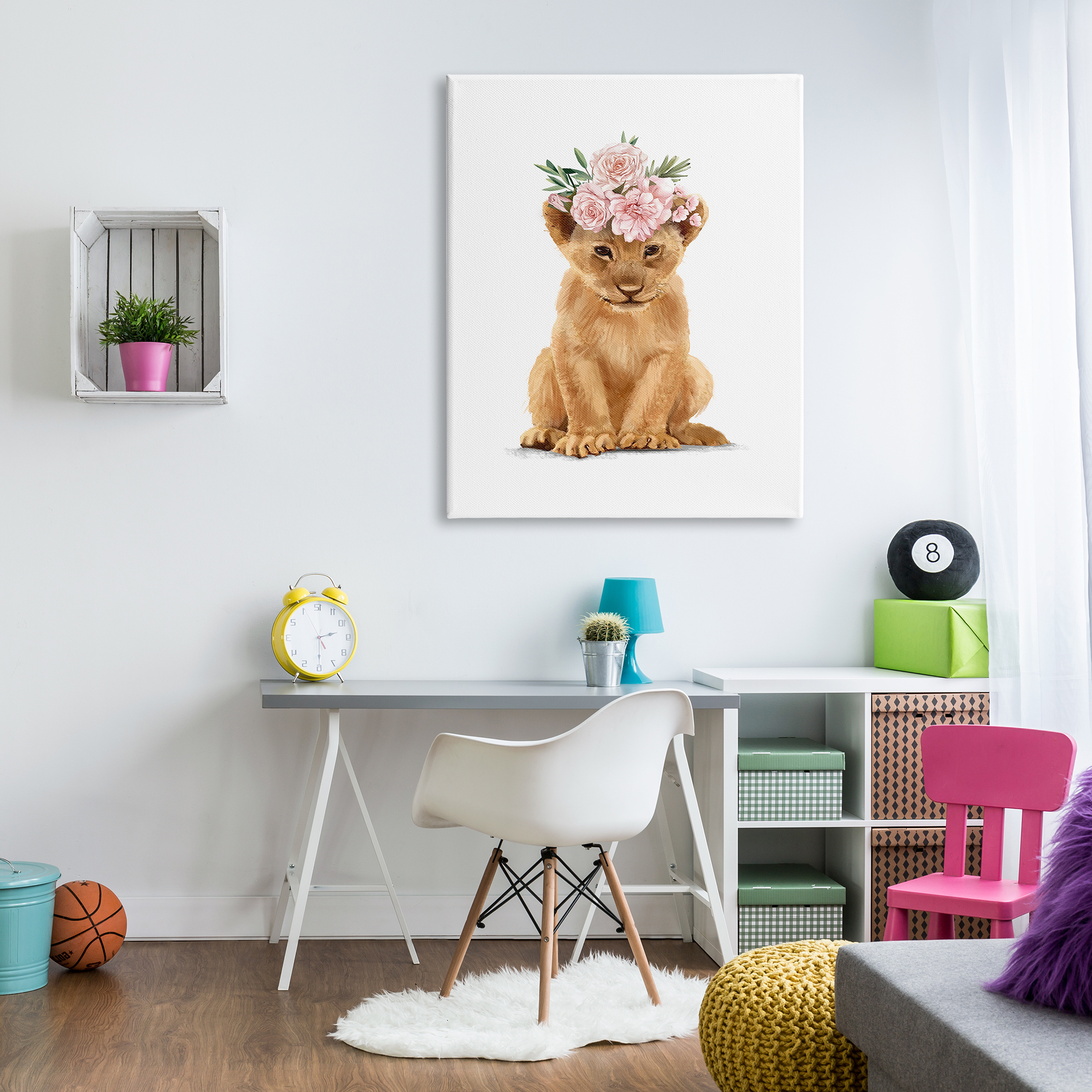 Stupell Industries Boho Rose Floral Crown Lion Cub Safari Animal, 36 x 48, Designed by Ziwei Li