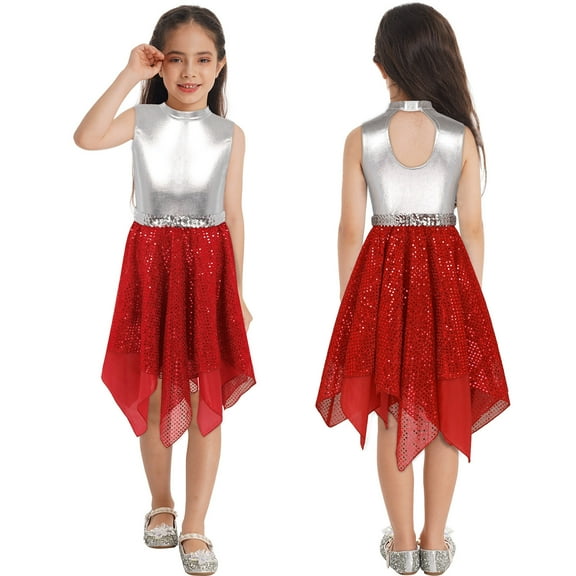 Aislor Big Girls Kids Sparkly Metallic Irregular Hem Lyrical Ballet Dance Dress Latin Modern Contemporary Dancewear A Red 12